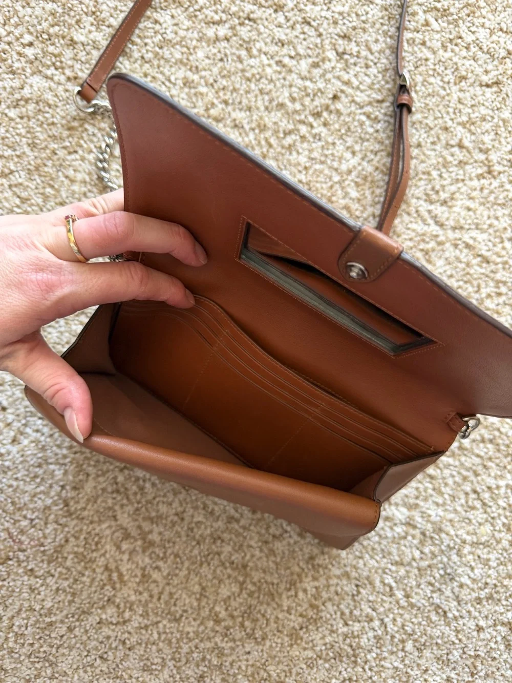 Coach Nomad Crossbody Clutch Wallet in Saddle Brown Leather Silver Chain